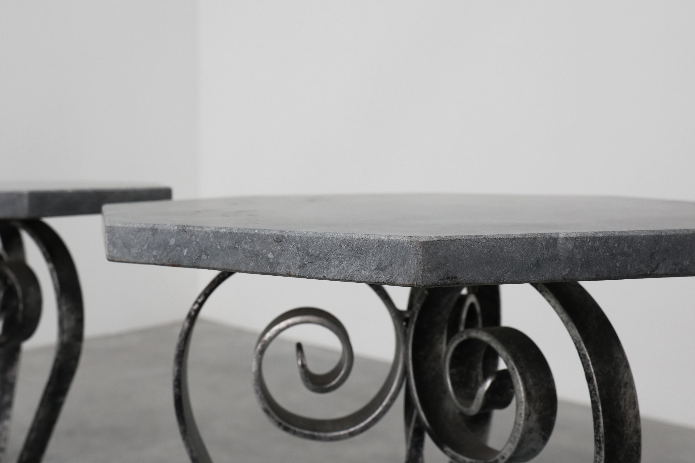 Pair of French Wrought Iron Consoles with Belgian Blue Stone Tops, 1950sthumbnail